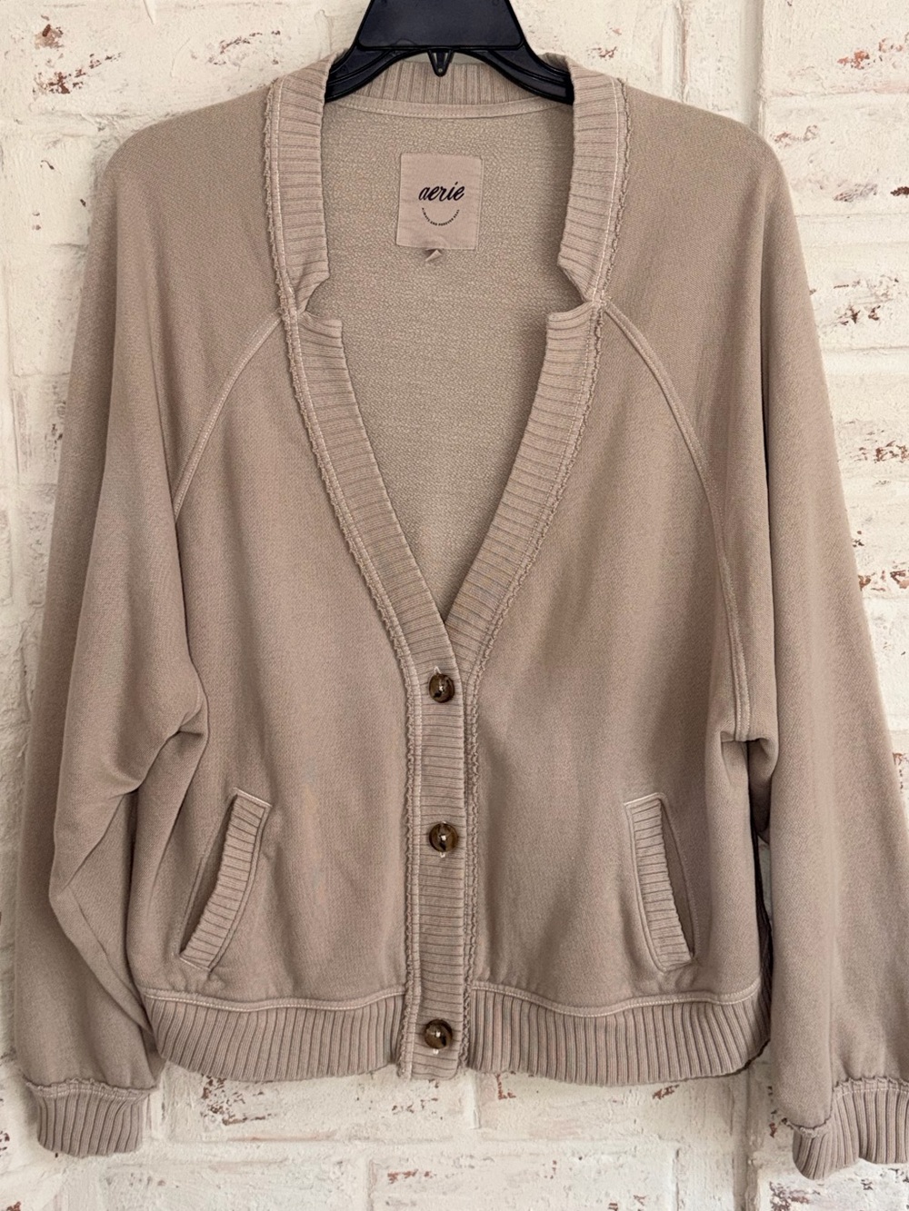 Aerie Oversized Button Front Cardigan Sweatshirt XL Beige Soft Lounge Pockets